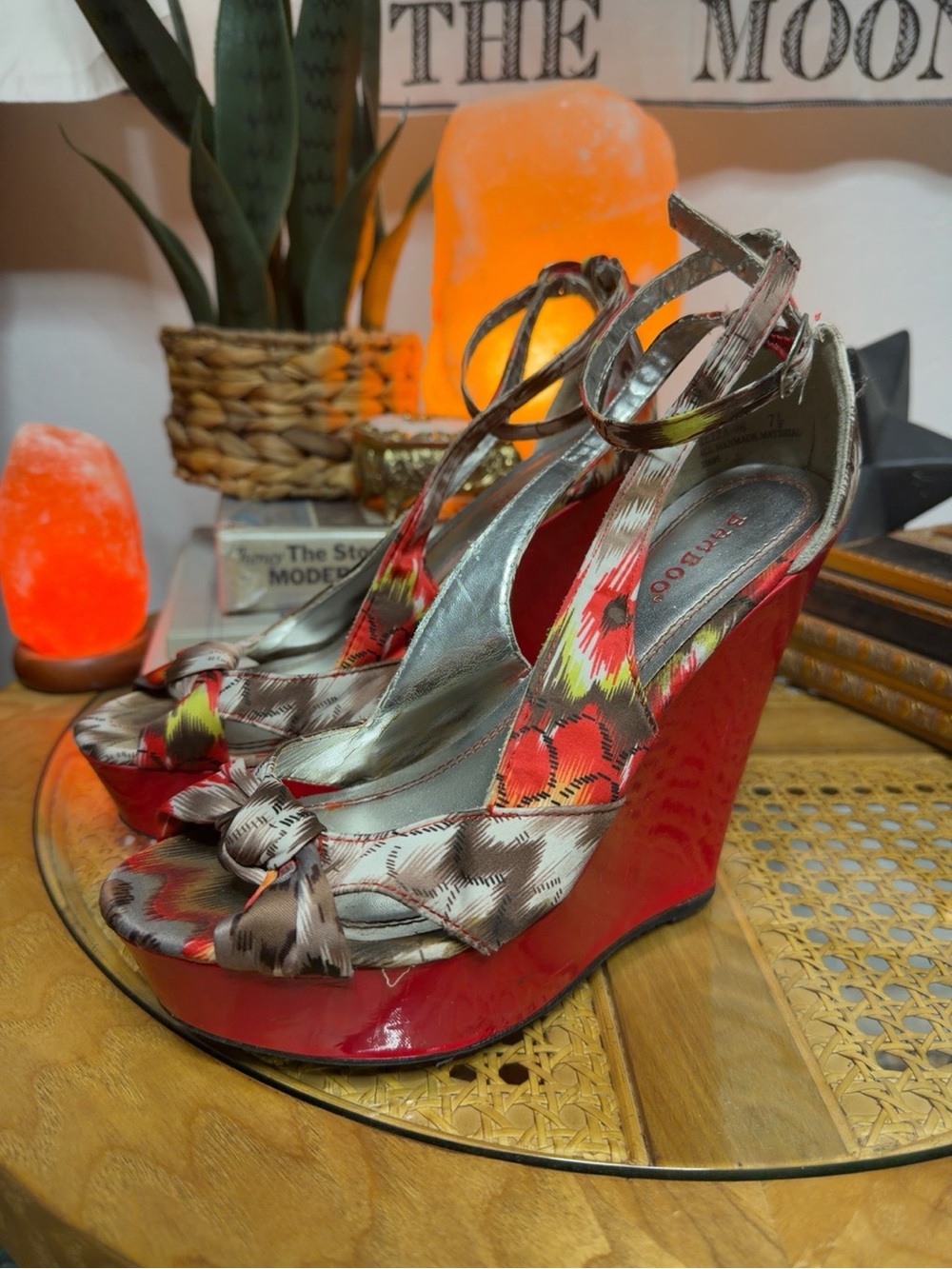 Bamboo Y2K Red Platform Wedge Heels Bow Strappy Sandals Size 7.5